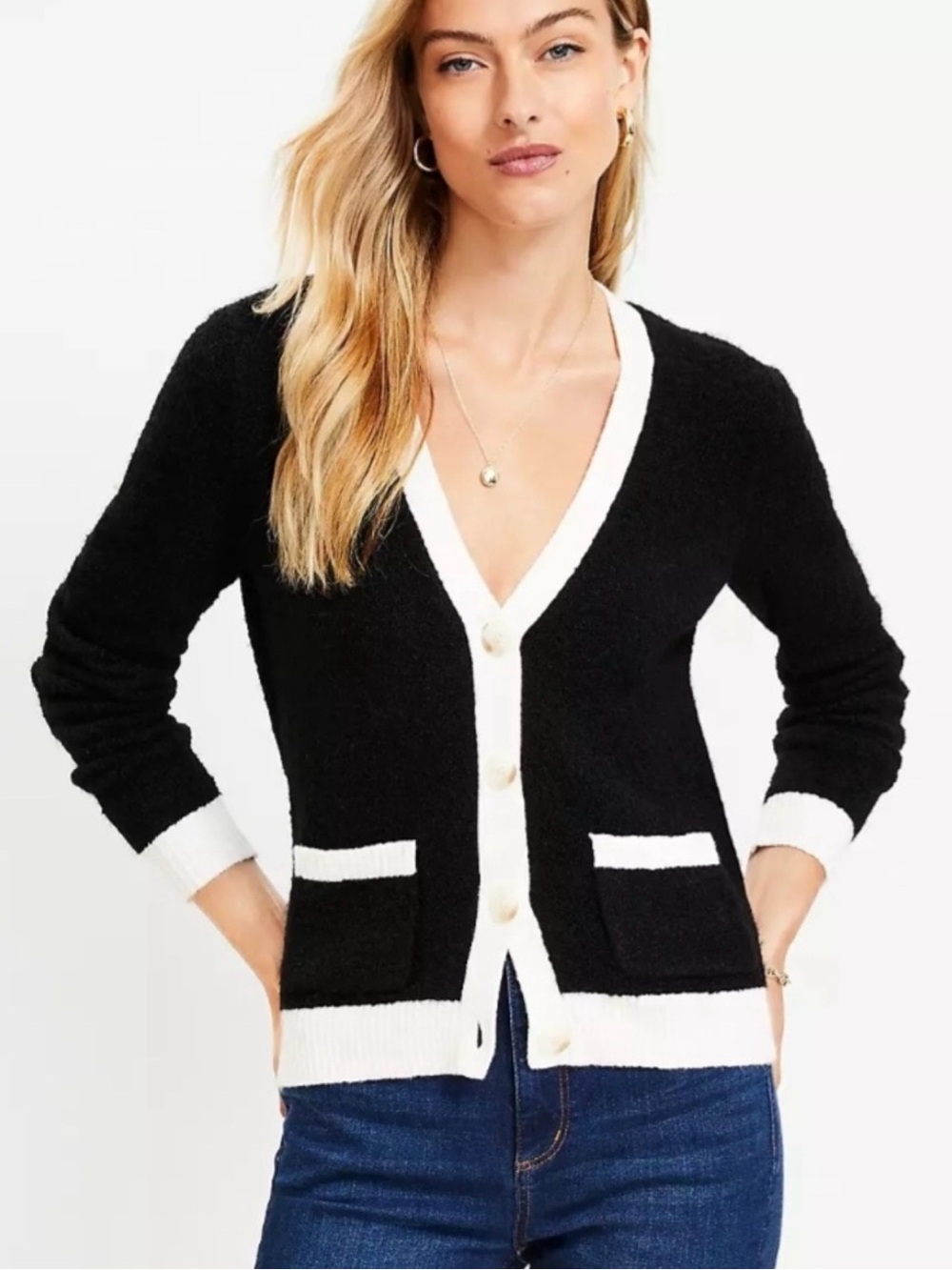 LOFT Black Boucle Vneck Button Down Cardigan Sweater With White Trim Size Large